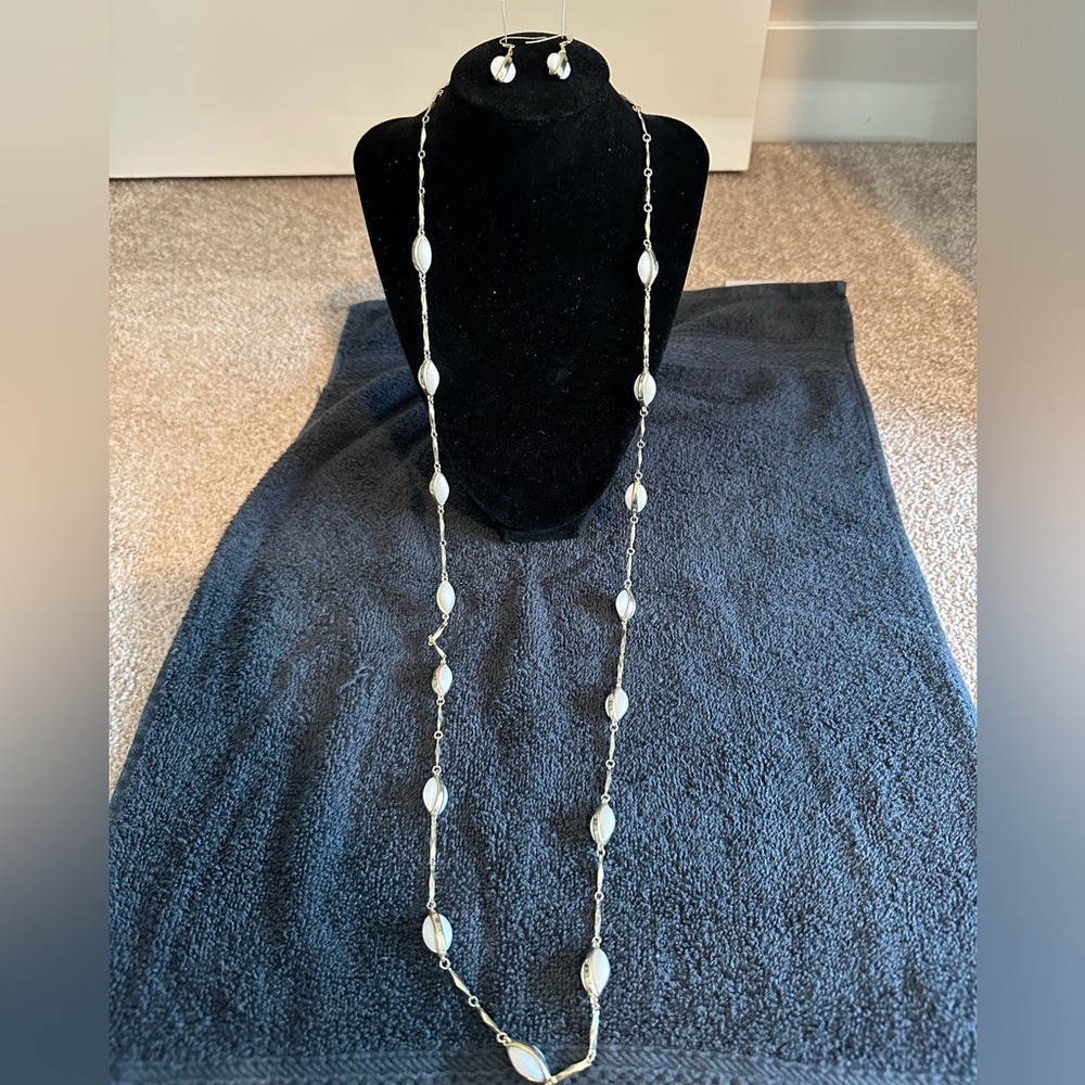 Gold And White 38 Inch Long Necklace And Earring Set